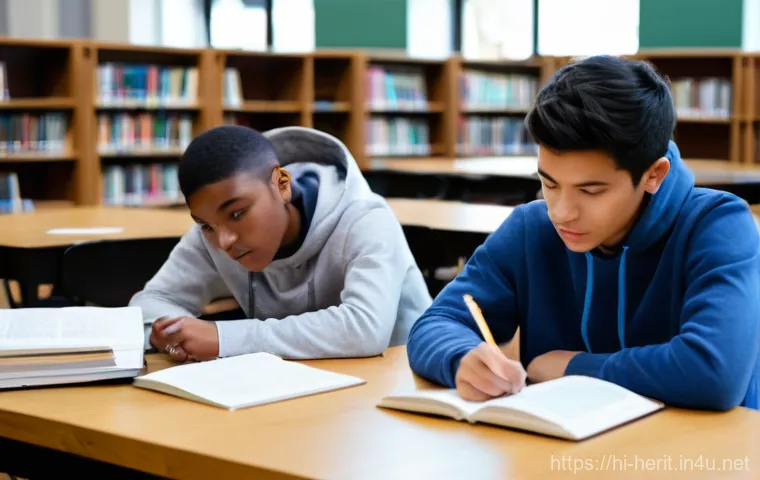 문화재수리 시험 대비 스터디 그룹 활용법 - **Prompt 1: Focused Collaborative Study Session**
"A group of four diverse young adult students ...