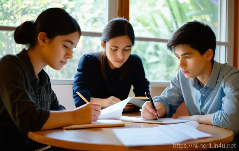 문화재수리 시험 대비 스터디 그룹 활용법 - **Prompt 1: Focused Collaborative Study Session**
    "A group of four diverse young adult students ...