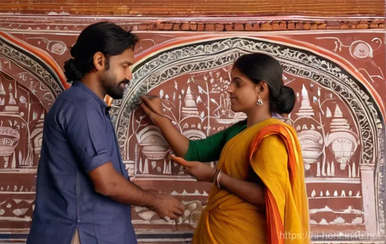 문화재수리 관련 산업의 경제적 가치 - **Prompt 1: Skilled Artisans Restoring Ancient Indian Frescoes**
"A close-up, highly detailed sh...