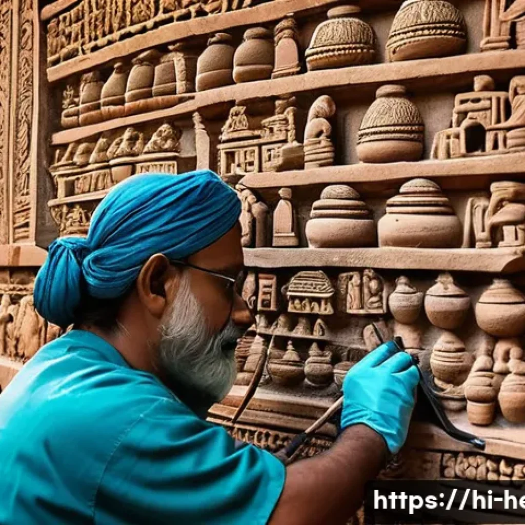 문화재수리 자격증 취득 과정 - A detailed scene of Indian cultural heritage conservation in progress: skilled conservators wearing ...