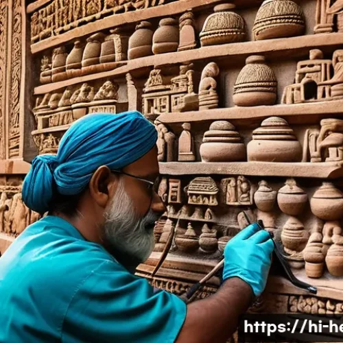 Home 31 문화재수리 자격증 취득 과정 - A detailed scene of Indian cultural heritage conservation in progress: skilled conservators wearing ...