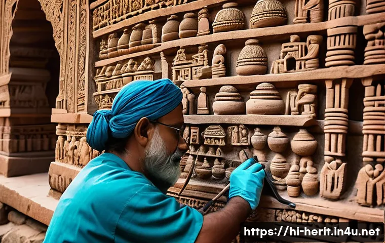 문화재수리 자격증 취득 과정 - A detailed scene of Indian cultural heritage conservation in progress: skilled conservators wearing ...