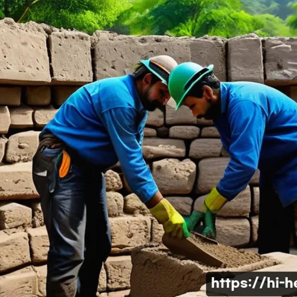 문화재수리 실습에서 발생하는 문제 해결법 - A detailed scene of heritage conservation workers carefully repairing an ancient Indian fort wall us...