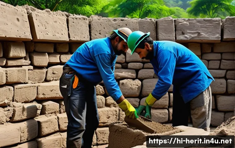 문화재수리 실습에서 발생하는 문제 해결법 - A detailed scene of heritage conservation workers carefully repairing an ancient Indian fort wall us...