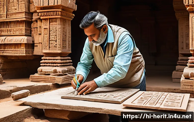 문화재수리업에서 직무별 역할 설명 - A detailed scene of a team of Indian heritage conservation experts working on an ancient temple rest...