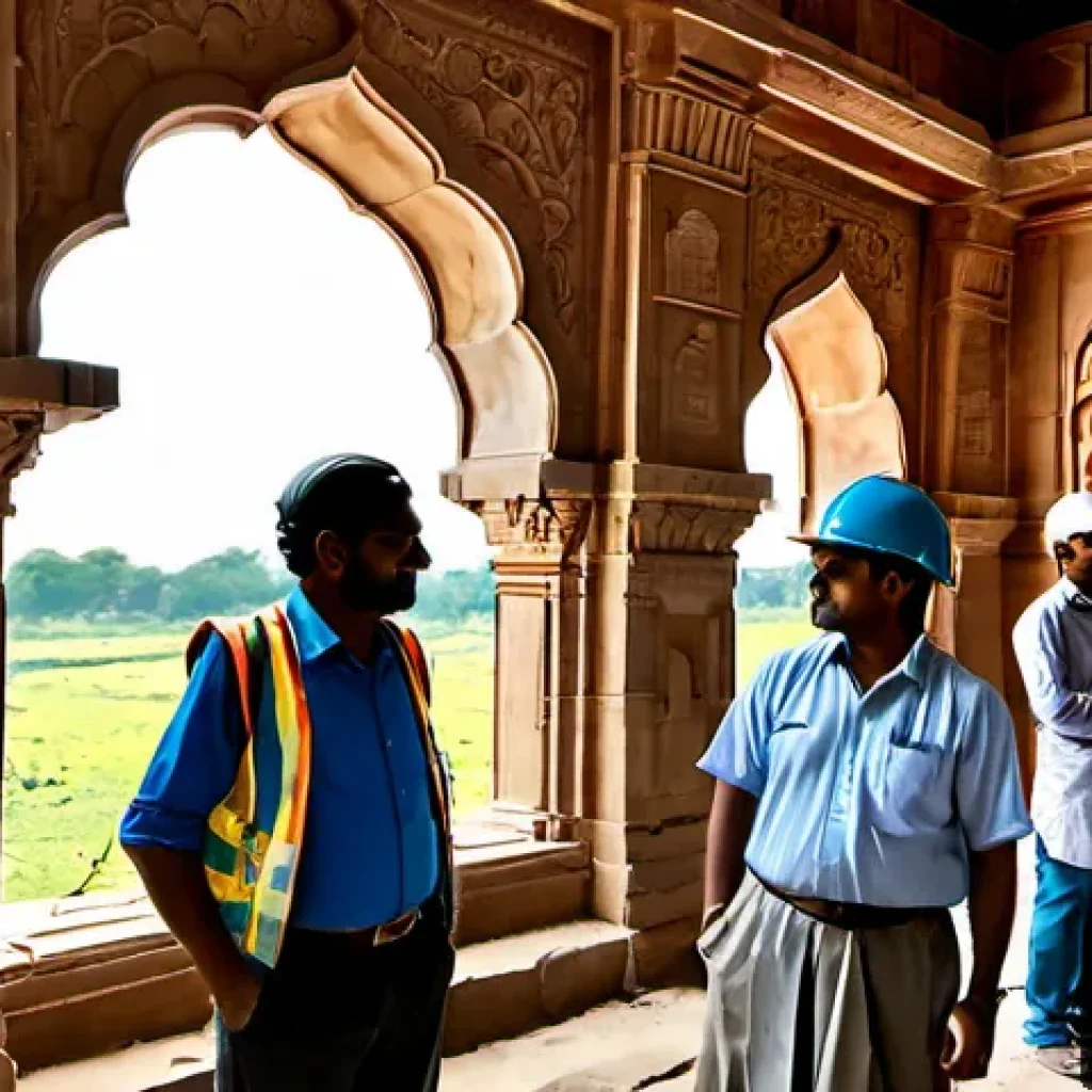 문화재수리업에서 요구되는 소프트 스킬 - Photorealistic documentary scene inside an Indian heritage building restoration site, a diverse team...