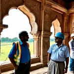 문화재수리업에서 요구되는 소프트 스킬 - Photorealistic documentary scene inside an Indian heritage building restoration site, a diverse team...