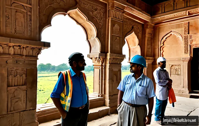 문화재수리업에서 요구되는 소프트 스킬 - Photorealistic documentary scene inside an Indian heritage building restoration site, a diverse team...