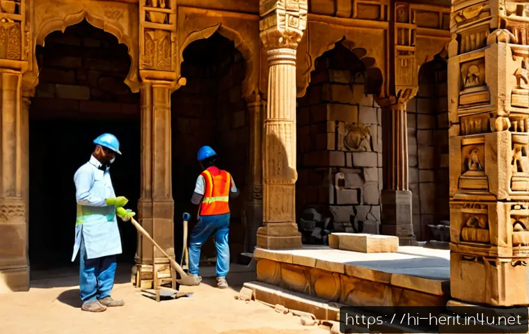 문화재수리와 연관된 유사 직종 비교 - Photorealistic comparison scene inside a historic Indian stone temple restoration site, two skilled ...