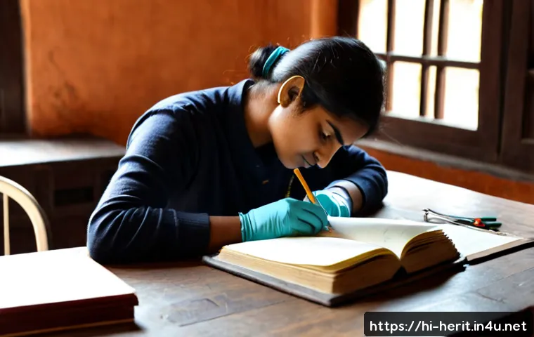문화재수리 자격증 시험 준비 요령 - Photorealistic Indian heritage conservation certification exam preparation scene, focused adult trai...