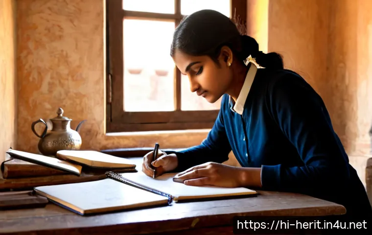 Home 17 문화재수리 시험 합격생들의 공부 루틴 - Photorealistic early-morning study routine of a focused Indian heritage restoration exam candidate a...