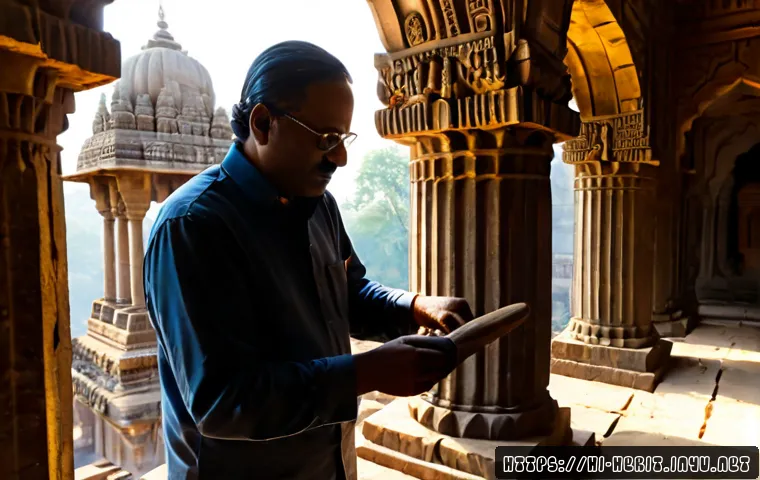 문화재수리의 역사적 배경 이해하기 - Photorealistic historical conservation workshop inside an ancient Indian stone temple, skilled resto...