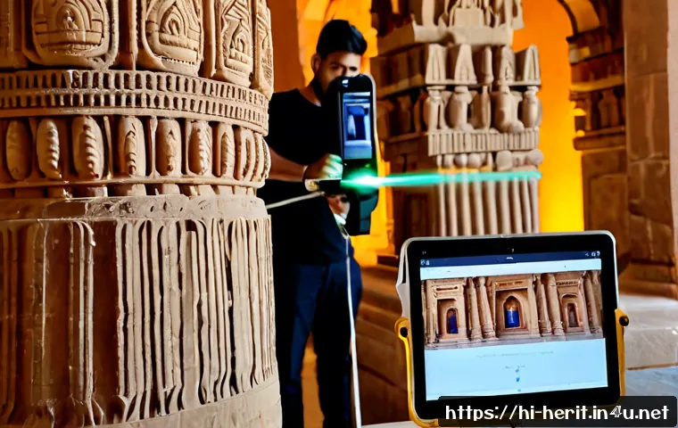 Home 17 문화재수리 관련 산업의 최신 기술 - Photorealistic Indian heritage conservation workshop, skilled restoration specialists using a handhe...